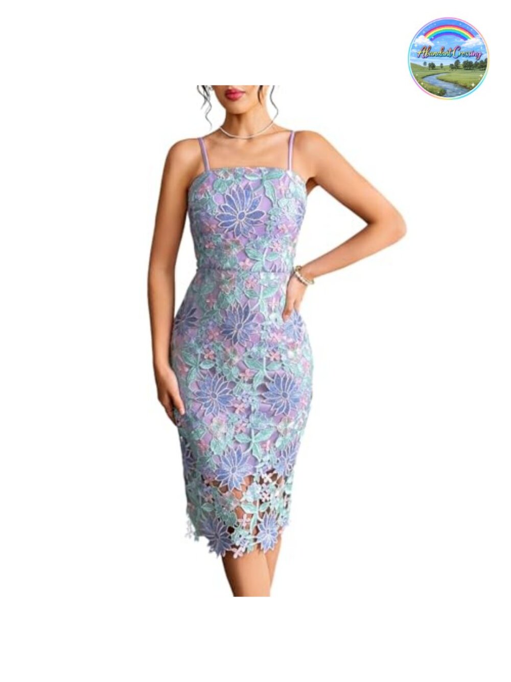 Fodebu Floral Embroidered Lace Bodycon Midi Dress Backless Sleeveless